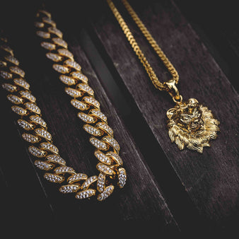 Gold Lion Micro + 10mm Diamond Cuban Link Necklace