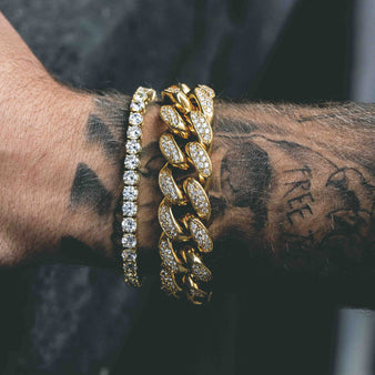 19mm Diamond Cuban + Round Cut Tennis Bracelet Bundle in Yellow Gold
