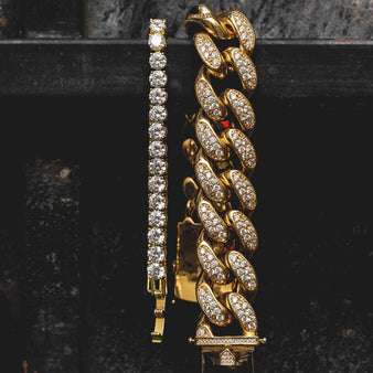 19mm Diamond Cuban + Round Cut Tennis Bracelet Bundle in Yellow Gold