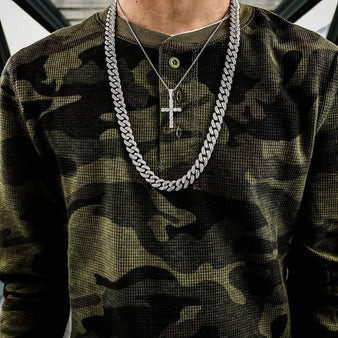 White Gold Diamond Cross + 10mm Diamond Cuban Link Necklace