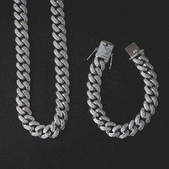 10mm Diamond Cuban Link Necklace/Bracelet Bundle in White Gold